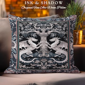 Medieval Fantasy Dragon Pillow Victorian Whimsigoth Decor, Enchanted Forest Gothic Art Nouveau Baroque Elegance Cottagecore Tapestry Cushion