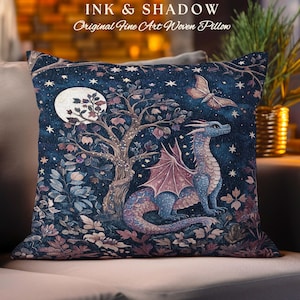 Mystical Night Sky Dragon Pillow Enchanted Woodland Decor | Moonlit Forest Whimsigothic Tapestry Cushion Celestial Dark Academia Fantasy Art