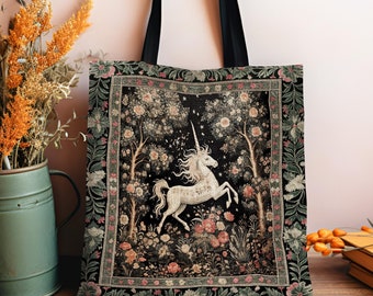 Mystical Folklore Unicorn Tapestry Tote Bag Whimsical Morris Inspired Medieval Cottagecore,Nfloral Woodland Fairycore Magical Art Accessory