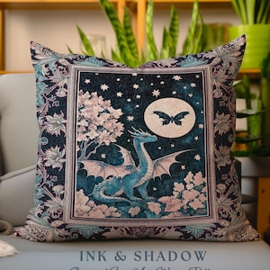 Enchanted Fall Forest Celestial Dragon Pillow Whimsical Starry Night | Magical Woodland Goblincore Mystical Moon Fairytale Ethereal Cushion