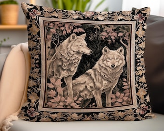 Scandi Woodland Wolf Pillow Nordic Style Whimsical Cottagecore Victorian Gothic Fairytale Decor Enchanted Forest Wolves Art Tapestry Cushion