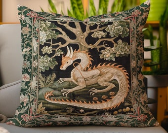 Medieval Dragon Pillow Enchanted Forest Fantasy Art Decor | Victorian Gothic Cottagecore Tapestry Cushion Whimsical Mythical Woodland Accent