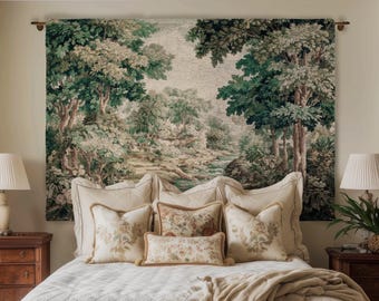 Romantic Woodland Creek Jacquard Wall Art | European Tapestry Serene Forest Landscape Timeless Pastoral Scene Soft Earthy Countryside