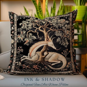 Folklore Dragon Pillow Mystical Medieval Aesthetic Cottagecore Botanical Decor | Fairytale Forest Gothic Woodland Fairycore Tapestry Cushion