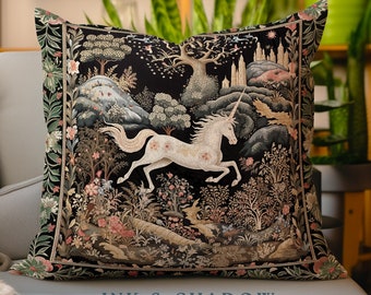 Fairytale Unicorn Pillow Mystical Folklore Aesthetic Whimsical Forestcore | Fairycore Cottagecore Magic Woodland Art Woven Tapestry Cushion