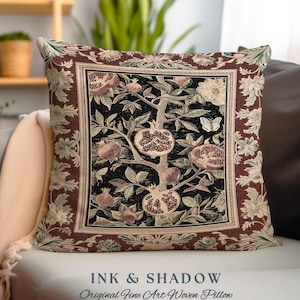 Floral Whimsigoth Vintage Pomegranate Art Nature Pillow Cottagegoth Botanical Baroque Elegance, Medieval Fruit Cottagecore Tapestry Cushion