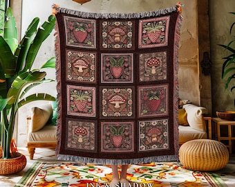 Cottagecore Red Strawberry Mushroom Blanket Cozy Whimsical Throw Farmhouse Decor | Retro Maximalist Berry Fungi Vintage Aesthetic Home Gift
