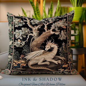 Gothic Cottagecore Dragon Tapestry Pillow Enchanted Fantasy Decor | Whimsical Medieval Forest Creature Cushion Vintage Fairytale Art Accent