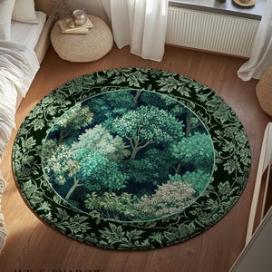 Verdant Greenery Botanical Round Area Rug | Woodland Magical Aesthetic Living Room Green Home Decor Plant Loving Bedroom Gift Emerald Teal |