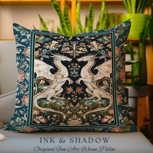 Antique Victorian Gothic Aesthetic Dragon Art Nouveau Pillow, Whimsigoth Bedroom Fantasy Medieval Folklore Mythical Forest Tapestry Cushion