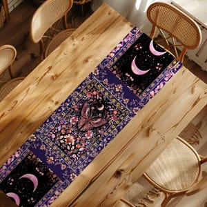 Witchy Botanical Moth Table Runner Whimsigothic Purple Floral Fairycore Aesthetic | Goth Cottagecore Butterfly Celestial Whimsy Dining Room