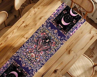 Witchy Botanical Moth Table Runner Whimsigothic Purple Floral Fairycore Aesthetic | Goth Cottagecore Butterfly Celestial Whimsy Dining Room