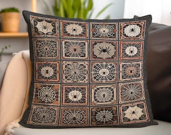 Victorian Gothic Spiderweb Pillow Dark Cottagecore Halloween Decor Spooky Creepy Vintage Spider Print Aesthetic Woven Tapestry Fall Pillow