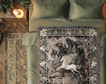 Pastel Botanical Unicorn Tapestry Blanket | Fairytale Aesthetic Nursery Decor Morris Style Cottagecore Fairycore Woven Throw Mystical Throw