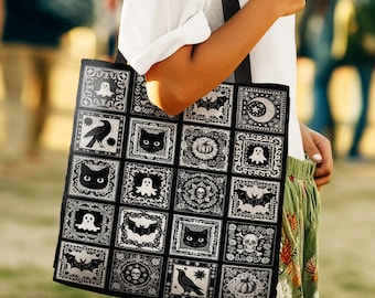 Witchy Aesthetic Shoulder Tote Bag | Dark Cottagecore Gothic Cat Lover Woven Tote Bag Retro Halloween Tapestry Bag Goblincore Gift for Goth