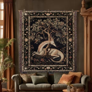 Folklore Dragon Woven Blanket | Medieval Aesthetic Fairytale Inspired Wall Art Cottagecore Style Fairycore Woven Throw Tapestry Botanical |
