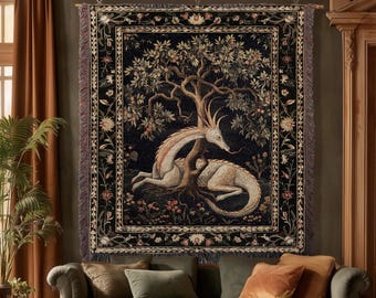 Folklore Dragon Woven Blanket | Medieval Aesthetic Fairytale Inspired Wall Art Cottagecore Style Fairycore Woven Throw Tapestry Botanical |