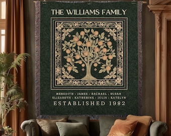 Forest Green Family Tree Personalized Blanket, Customized Heritage Tapestry Custom Gift for Grandma Sentimental for Grandparents Family Name