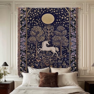 Medieval Fairytale Unicorn Tapestry | Gothic Whimsical Eclectic Fairycore Woven Blanket Victorian Gothic Dark Floral Decor French Baroque |