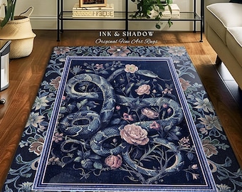 Midnight Blue Dark Floral Serpent Rug Whimsical Vintage Botanical