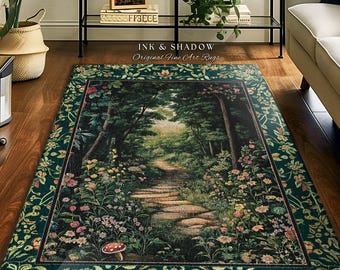 Woodland Forest Cottagecore Rug | Fairycore Aesthetic Magical Woodland Bedroom Emerald Green Home Decor Whimsigothic Floor Mat Indie Room |