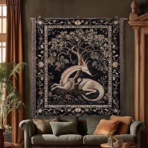 Folklore Dragon Woven Blanket | Medieval Aesthetic Fairytale Inspired Wall Art Cottagecore Style Fairycore Woven Throw Tapestry Botanical |