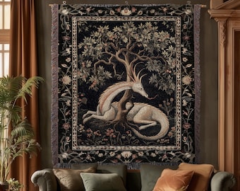 Folklore Dragon Woven Blanket | Medieval Aesthetic Fairytale Inspired Wall Art Cottagecore Style Fairycore Woven Throw Tapestry Botanical |