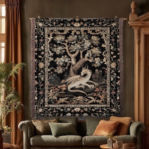 Medieval Aesthetic Dragon Blanket | Fairytale Inspired Nursery Decor Morris Style Cottagecore Fairycore Woven Throw Tapestry Botanical | image 2