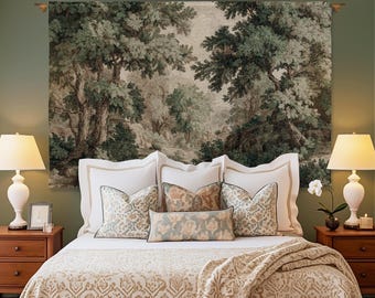 Antique Style English Forest Stream Romantic Verdure Tapestry, Old World Woodland Landscape Greenery European Jacquard Traditional Woven Art