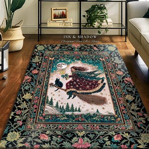 Snow Witch Celestial Accent Rug | Magical Black Cat Gothic Decor Broomstick Whimsigoth Magic Cottagecore Aesthetic Bedroom Area Rug Mystic |