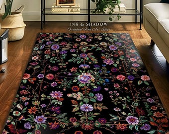 Jewel Tones Vintage Dark Academia Wildflower Rug | Floral Aesthetic Ornate Gothic Home Decor Whimsical Rustic Housewarming Gift Ethereal