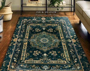 Gothic Maximalist Accent Rug | Forest Green Floor Rug Ornate Rug With Blue Green Detail Cottagecore Victorian Gothic Aesthetic Dark Teal