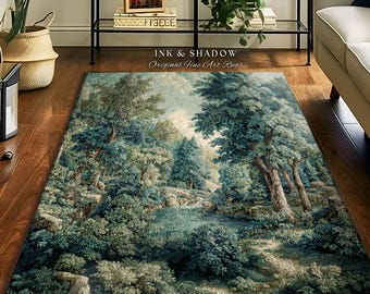 Emerald Lagoon Verdant Forest Area Rug | Vintage Style Nature European Woodland Romantic Greenery Dreamy Teal Forest Art Living Room Decor