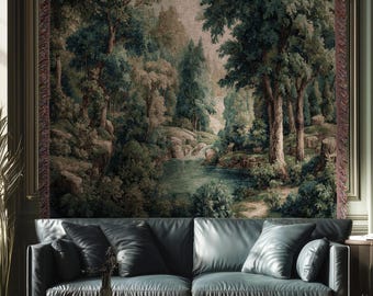 Emerald Lagoon Verdant Woven Wall Tapestry | Vintage Nature Blanket European Woodland Textile Romantic Greenery Dreamy Teal Forest Artwork
