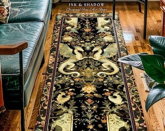 Ornate Antique Gold Folklore Aesthetic Baroque Dragon Runner Rug | Enchanting Art Deco Gothic Decor Maximalist Fantasy Mystic Home Accent