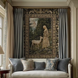 May include: A rectangular wall tapestry featuring a figure standing in a forest with a deer, framed by a decorative border. The tapestry hangs above a white bench with gray and patterned throw pillows. Text reads: INK & SHADOW Fine Art Home Decor.