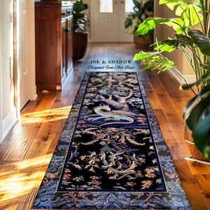 Mystic Moody Dragon Runner Rug | Ethereal Botanical Woodland Magic Fantasy Theme Bedroom French Baroque Fantasy Tree Entryway Rug Blue Hues