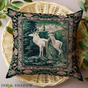 Woodland Guardian Ethereal Throw Pillow | Forest Goddess Tapestry Cushion Folklore Fairytale Fantasy Renaissance Dark Academia Forest Spirit