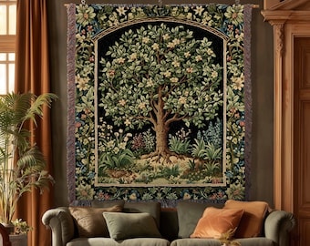 Tree Of Life Woven Blanket | William Morris Inspired Throw Botanical Tapestry Medieval Aesthetic Nordic Tapestry Renaissance Room Decor |