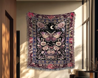 Mystic Moth Moon Woven Throw Blanket Whimsigothic Purple Dark Cottgecore Decor | Whimsical Boho Butterfly Dark Floral Fairycore Tapestry