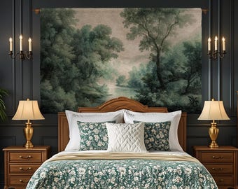 English Riverbank Soft Nature Wall Art | Hazy Green Woodland Traditional Verdure Tapestry Pastoral Scenery Botanical Woven Throw Blanket