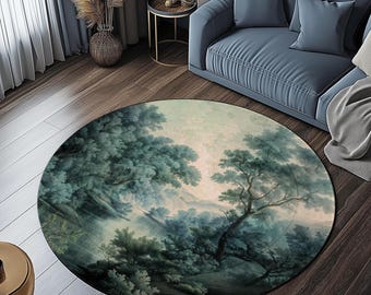 English Riverbank Soft Nature Round Rug | Serene Nature Hazy Blue Green Elegant Woodland Verdure Misty Forest Landscape Floor Art Home Decor