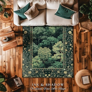 Lush Botanical Green Area Rug | Forest Theme Woodsy Aesthetic Living Room Green Home Decor Housewarming Gift Emerald Green Bedroom Floor Mat