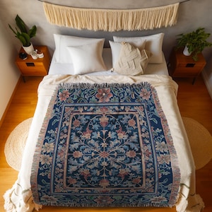 Baroque Medieval Florals Throw Blanket | Renaissance Themed Woven Tapestry Victorian Gothic Decor Elegant Botanical Pattern Dark Academia