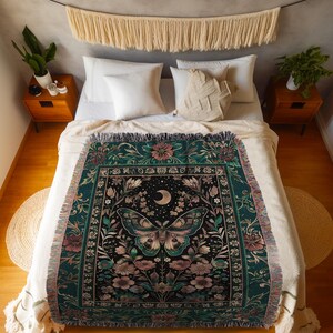 Celestial Cottagecore Floral Moth Woven Throw Woodland Gothic Decor, Fairycore Forest Tapestry Blanket Whimsigothic Witchy Dark Botanicals