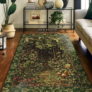 Fairytale Forest Botanical Accent Rug | Mystic Aesthetic Woodland Home Magical Decor Plant Loving Bedroom Housewarming Gift Emerald Woods |