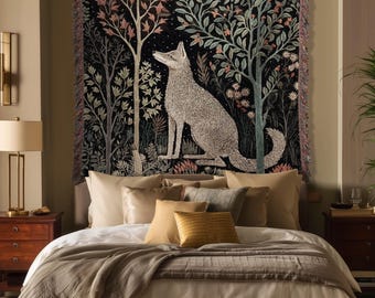 Scandinavian Wolf Blanket Woven Jacquard Cotton | Nordic Folk Art Tapestry Throw William Morris Style Woodland Gothic Dark Cottagecore Home