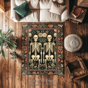 Floral Whimsigoth Skeleton Rug Dark Academia Decor | Dark Moody Botanical Skeleton Art Goth Rug Housewarming Gift Victorian Witchy Room Rug