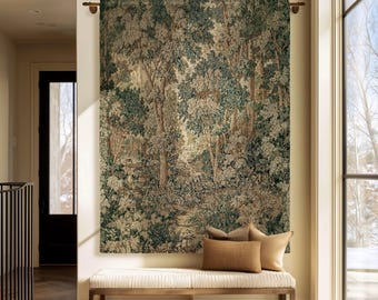 Pastoral Woodland Scene Forest Vertical Wall Hanging Jacquard Tapestry, European Verdure French Country Style Romantic Landscape Woven Throw