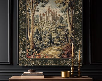Mystic Castle Book Nook Tapestry Throw Ethereal Fairycore Folklore Aesthetic | Magical Woodland Botanical Blanket Dark Academia Indie Decor